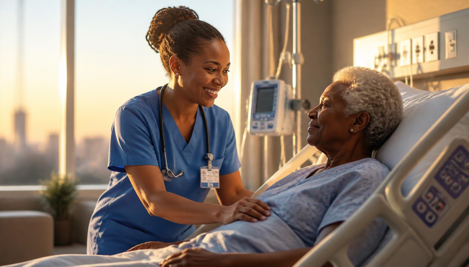 Nurse caring for an elderly patient in a bright hospital room