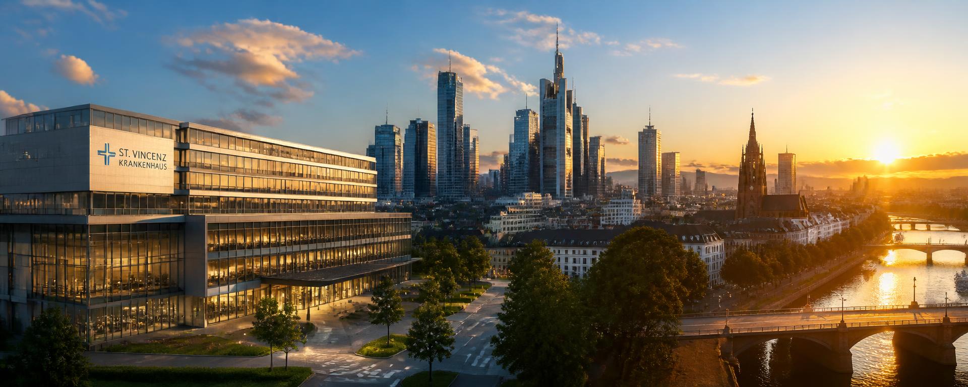 German city skyline with a modern hospital at golden hour